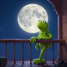 lonely kermit in balcony with the full moon in the background