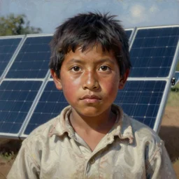 a mbya guarani people young boy portrait with porcelain face and big eyes, solar panels, dressed in a vintage shirt, conceptual art, oil fantasy painting, hyperdetailed, dramatic light, 8 k