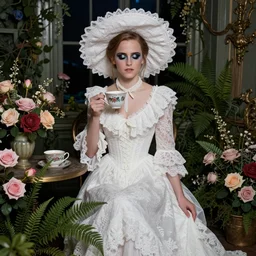 full body fashion model emma watson by Jeremy Lipking by Hasui Kawase by Richard Schmid smokey eyes makeup eye shadow fantasy, glow, shimmer as victorian woman in a long white frilly lace dress and a large white hat having tea in a sunroom filled with flowers, roses and lush fern flowers ,intricate, night, highly detailed, dramatic lighting , high quality