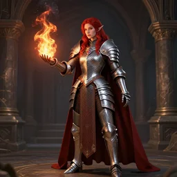an elven priestess with red long hair in a very good beautiful heavy scale armor, wearing a cape, casting a fire spell, dungeon background, magical, bright, colorful, fantastic lighting, amazing details, 4 k uhd, illustration by hayao miyazaki and makoto shinkai and ilya kuvshinov, artstation, pixiv,