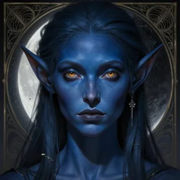 tiefling portrait, darkblue skin, moon, ashes, fantasy, intricate, elegant, highly detailed, symmetrical face, digital painting, artstation, concept art, smooth, sharp focus, illustration, art by krenz cushart and artem demura and alphonse mucha