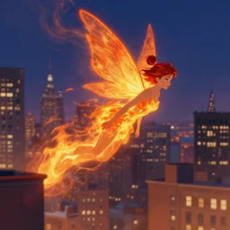 fire fairy flying through New York, art style ignio straffi