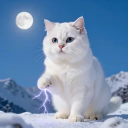 giant little white cat on a snowy mountain with lightning coming out of its paws, blue sky background with moon