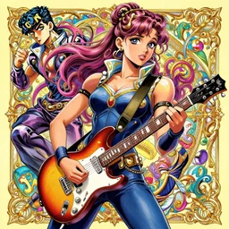 Ariana Grande playing electric guitar, colorful, graphic design, manga, highly detailed, beauty, art by Hirohiko Araki, intricate, elegant, J. C. Leyendecker, jojo bizarre adventure, Joestar, action pose