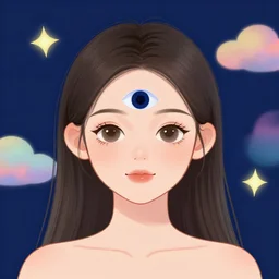 a frontal drawing of a beautiful young girl with a third eye centered with a dark blue background and colorful clouds with stars by takashi murakami, beeple and james jean, aya takano color style, trippy, 8 k, super detailed, night sky, digital art, digital painting, clean