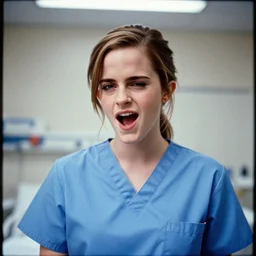emma watson, nurse scrubs, hospital, portrait, ponytail, mouth open, rolling eyes, head and shoulders, award winning, kodak ektachrome expired blue tint,
