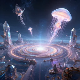 wide angle view of the core of the universe, vast circular mathematical landscape, cristalline monolithic structures in the sky, giant glowing jelly fishes levitating, by marc simonetti and victo ngay, dynamic lighting, glow, trending artstation, octane rendering, unreal 5