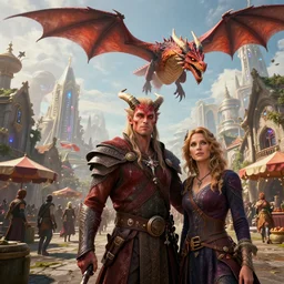 by oka yasutomo and anna dittmann, visually stunning, cinematic, ultra realistic, hyper realism, 1 2 k, epic, octane render, unreal engine, vfx, maya, a dungeons & dragons town square in a festival day, realistic alien medium shot portrait with horns, a red dragon flying in the sky, inside a futuristic magical elven city, spaghetti monster