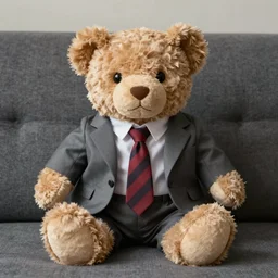 a teddy bear wearing business casual clothes sitting on a couch, creepy 4 k photo
