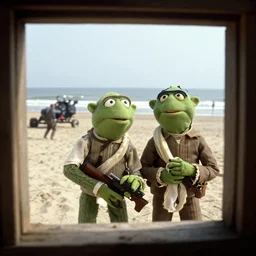 a frame from the hollywood blockbuster film the muppets invade normandy action scene omaha beach d - day