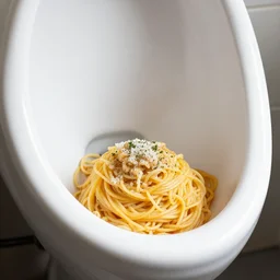 food photography of spaghetti in a urinal, bon apatite