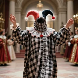 realistic photo of a blurred face of a jester, dressed in a checkboard burqa, dancing in the royal court, emitting aura, 1 9 6 0, life magazine photo, natural colors, metropolitan museum, kodak, 8 k, very detailed, high resolution, product photo,