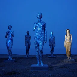 giant blue marble statues of women with blue light on the horizon by andreas achenbach and carl gustav carus and thomas cole and delphin enjolras, and dali, blue mood, blue light,