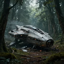 scifi alien spaceship crashed in an ancient old forrest clearing, eeire mood, Dynamic lighting, cinematic, establishing shot, extremely high detail, photo realistic, cinematic lighting, , post processed denoised, concept design, concept art, artstation, matte painting, midjourney, style by alex ross, raphael lacoste, eddie mendoza