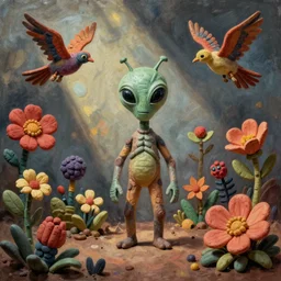 claymation alien landscape painting of exotic flowers and surreal bird creatures by max ernst