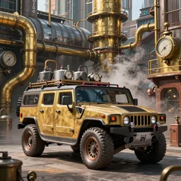 steampowered hummer SUV in the steampunk city. Brass pipes and weathered metal. Dials and steam, water tanks and wood