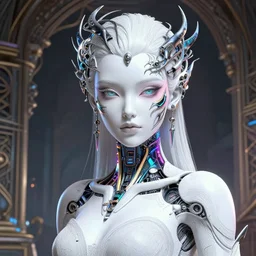 portrait of an absurdly beautiful, graceful, sophisticated, fashionable cyberpunk mechanoid, hyperdetailed illustration by irakli nadar, matt wisniewski style, intricate linework, white porcelain skin, metal tribal headdress, day - glow face paint, multi colored neon electronic collar, unreal engine 5 highly rendered, global illumination, radiant light, detailed and intricate environment