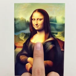 hyperrealistic finger painting of the mona lisa, primary colors, school project