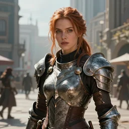 fantasy female warrior in a cityplaza, closeup art, neopunk armor, volumetric lighting, epic composition, hyperdetailed, proportional anatomy, in the design of james c christensen and lise deharme