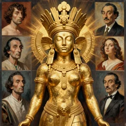 portrait of a Chibcha gold goddess by Kowalski and Heckel and Ríos and Rutkowski and Mucha and Brom and Miller and Botero and Dalí and El Greco and Gutiérrez