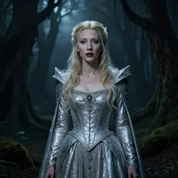 portrait of ((mischievous)), baleful young (Cate Blanchett) as Galadriel as a queen of fairies, dressed in a beautiful silver dress. The background is a dark, creepy eastern europen forrest.  night, horroristic shadows, high contrasts, lumnious,  photorealistic, dreamlike, (mist filters), theatrical, character concept art by ruan jia, ((Louise Élisabeth Vigée Le Brun)), thomas kinkade, and J.Dickenson, trending on Artstation