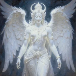 ethereal glowing white hindu angel dmt deity, tribal mecha repeating patterns, tim hildebrandt, wayne barlowe, bruce pennington, donato giancola, trending on artstation, cinematic composition, beautiful lighting, hyper detailed, 8 k, oil on canvas