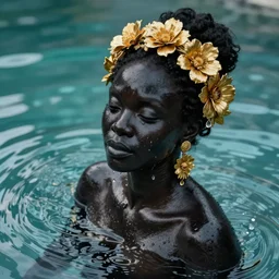 hyperrealistic post rococo cinematic very expressive! black oshun goddess, in water up to her shoulders, mirror dripping droplet!, gold flowers, highly detailed face, digital art masterpiece, smooth eric zener cam de leon dramatic pearlescent volumetric teal light, wide shot, high angle uhd 8 k, sharp focus