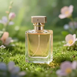 perfume bottle in a magical flower garden green grass soft femme, softly - lit, highly detailed, realistic, up close shot, unreal engine, f 2 0