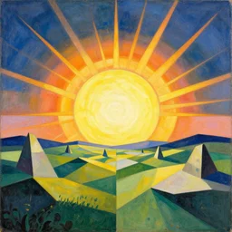 radial geometric sun blazing over a surreal geometric landscape, mikalojus konstantinas ciurlioni, mucha