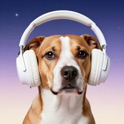 retrofuturistic portrait of a dog wearing white headphones, gradient space graphics in background, close up, quint buchholz, wlop, dan mumford, artgerm, liam brazier, peter mohrbacher, raw, featured on artstation, octane render, cinematic, elegant, intricate, 8 k