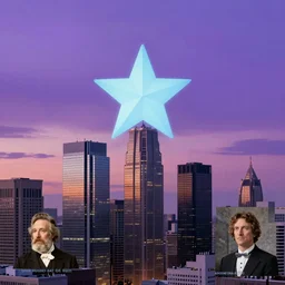 A light blue star sinking behind a modern city skyline by Dan Mumford and Dean Ellis and John Atkinson Grimshaw and Anton Fadeev, sunset, purple sky, art nouveau