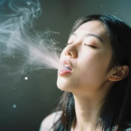 analog photographic portrait with 5 0 mm lens and f / 1 2. 0 of a 1 5 years old woman woman with her eyes closed and spurting from her mouth a white viscous fluid floating in the air. with a slight variation of light in the liquid and gesture.