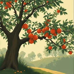 a tree bearing fruit, limited neutral palette, by pascal campion, petros afshar, anton fadeev, dean ellis, randolph stanley hewton, beautiful graphic, propaganda poster art 1 9 7 0 s illustrated advertising art, painterly design
