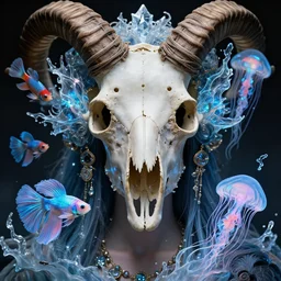 goddess macro close - up portrait with mask made of ram skull. betta fish, jellyfish phoenix, bioluminiscent, plasma, ice, water, wind, creature, super intricate ornaments artwork by tooth wu and wlop and beeple and greg rutkowski