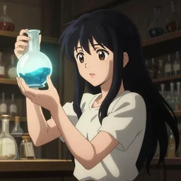 anime, portrait of a young woman in a alchemist's potion shop interior looking at a glowing potion, yoshinari yoh, dynamic pose perspective, moody, detailed facial features, kyoani, rounded eyes, sharpened image, cel shade