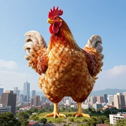 colossal chicken towering over city scape, HD extremely realistic