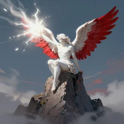 a white angel with red wings sits atop a pointed peak, a blast of white energy erupts from an outstretched arm, trending on artstation, digital art ( by tomasz jedruszek ) ( by senfeng chen ) ( by lorenzo lanfranconi )