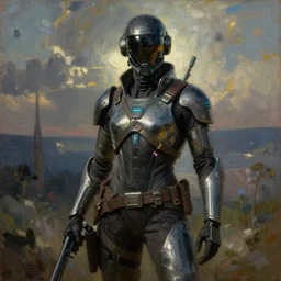 A painting by Sorolla of a cyberpunk mercenary