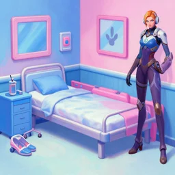 game asset of the sims cyberpunk hospital furniture and decor, in gouache detailed paintings, props, stylized, 2 d sprites, kitbash, arcane, overwatch, blue and pink color scheme, 8 k, close up