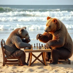 a bear a koala bear and grizzly bear playing chess. they are sitting at a table on the beach. you can see the waves crashing into the shores. bears are very stressed. dslr camera photo