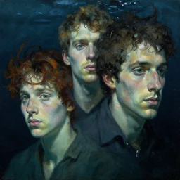 hyperrealist portrait underwater dark ocean wet by lucian freud and victo ngai and alphonse mucha very detailed faces