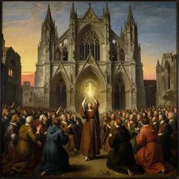 lisabeth louise vigee - le brun large crowd of medieval monks gathered at giant gothic ruins cathedral and raising a magical glowing spirit, old master painting with stunning lighting and details photoreal dusk sun lit light