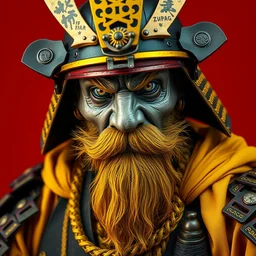 portrait of old samurai with a goat beard, with helmet, ready to fight, goth punk, vibrant yellow, colors, surreal, a french baroque by by alexander mcqueen, hyper detailed, very detailed, photograph, cinematic lighting, photorealistic, octane render, no red background