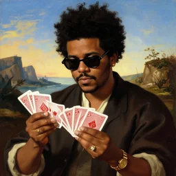 the weeknd wearing sunglasses and playing cards by botticelli, brown skin, classical painting, digital painting, romantic, vivid color