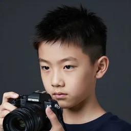 medium close up shot of an asian school boy with samurai haircut, camera in his hand, dark studio background, softlight, photorealistic, art by artgerm and greg rutkowski
