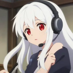 anime film visual of a young girl with long white hair and red eye and headset in her room interior, cute face by ilya kuvshinov, makoto shinkai, kyoto animation, dynamic perspective and pose, detailed eyes, less nose, crisp and sharp cel shade