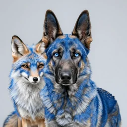 4 k high resolution, hdr photo of an animal hybrid of a blue german shepherd and a blue fox, with blue fur and blue eyes, award winning studio photography