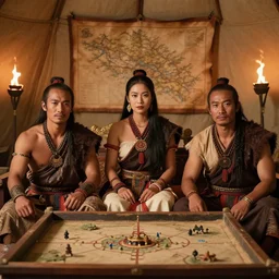 close - up portrait of three smart and handsome tai warriors sit around pretty - face and beautiful tai warlord who sit on the thone in tai ancient war traditional tent, with strategical sandbox on the woonden table and old leather map on the wall, minimal interior decoration, light from bonfires and torches, high quality detailed face, detailed and intricate environment, 1 9 3 0