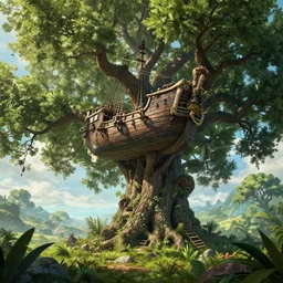 A pirate ship stranded in the treetops of giant oaks, game art matte painting hyperdetailed, artstation, cgsociety, 8k, surreal dream landscape