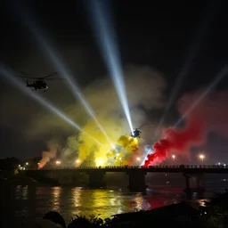 a bridge over a river in vietnam, by completely dark black night, yellow and red smoke, helicopters in the sky white projectors, lens flare, black night, lighting and composition, dark, chiaroscuro, highly detailed concept art, radiant light, intricate, war, destruction, sharp focus